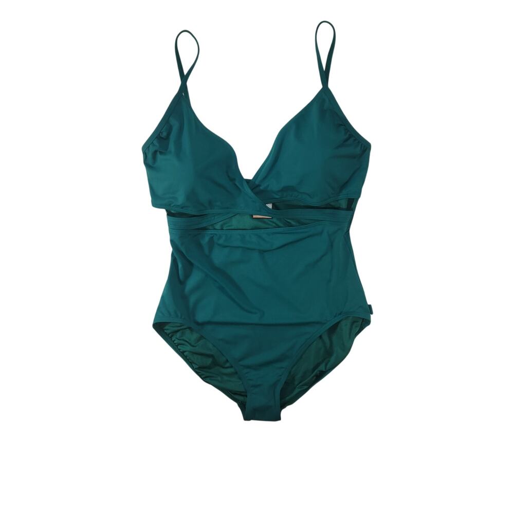 NWT Vince Camuto One Piece Swimsuit Sz 14 Teal Cut Out Wrap Surplice Gold Logo